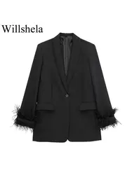 Willshela Women Fashion Satin Black With Feather Blazer Jacket Vintage Notched Neck Single Button Long Sleeves Female Outfits