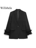 Willshela Women Fashion Satin Black With Feather Blazer Jacket Vintage Notched Neck Single Button Long Sleeves Female Outfits 1