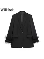 Willshela Women Fashion Satin Black With Feather Blazer Jacket Vintage Notched Neck Single Button Long Sleeves Female Outfits 1