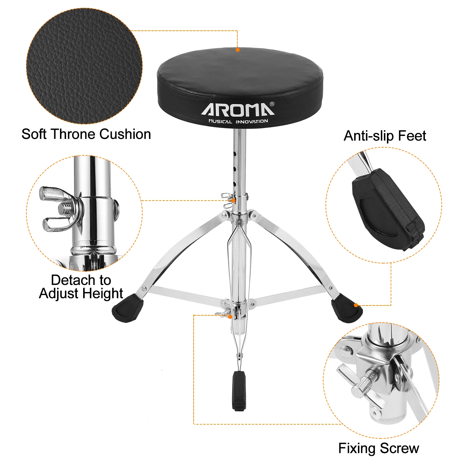 

AROMA Universal Drum Throne Round Padded Drum Seat Stool Double-braced Stainless Steel Legs 5 Levels Adjustable Height for Adult