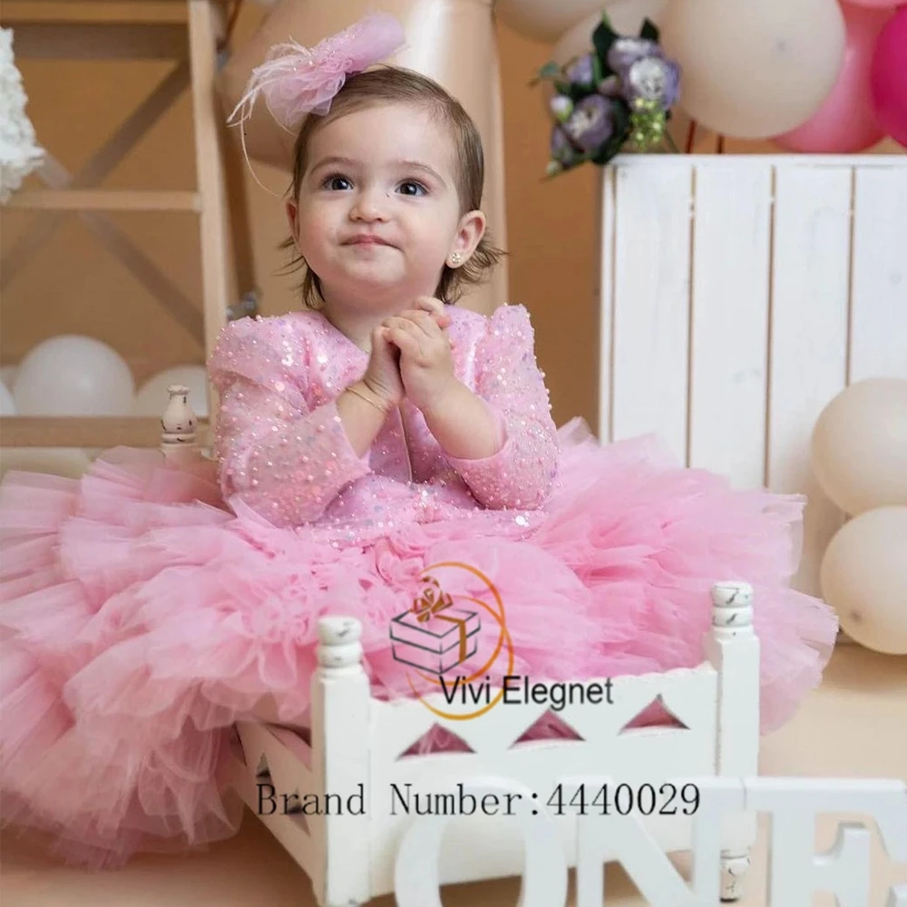 

Pink Scoop Flower Girls Dresses for Women Soft Tulle Full Sleeve Christmas Gowns with Sequined 2024 Summer New فلور فتاة اللباس