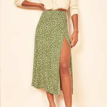 Fashion vintage skirt 2021 flower polka dot print high waist stretch split long A-line skirts for women beach maxi skirt 1