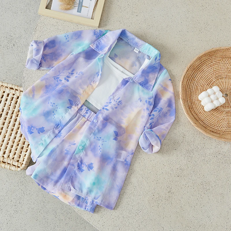 

Suefunskry Kids Girls Summer Clothes Set Tie-Dye Long Sleeve Chiffon Shirt and Elastic Shorts Camisole Tanks 3Pcs Outfit 3-7Y