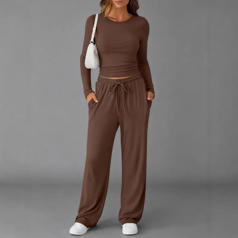 Abbigliamento da donna Moda europea americana Sport casual Autunno Inverno Tinta unita con coulisse Set di pantaloni a maniche lunghe - immagine 5