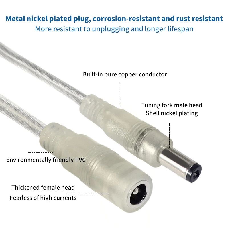 

Прозрачный женский и мужской адаптер питания постоянного тока, ОТРЕЗОК кабеля 5,5x2,1 мм, разъем 5 А, Удлинительный шнур для светодиодных лент