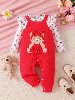 Spring Autumn Baby Girl Romper round Neck Print Patchwork Embroidery Fake Two-Piece Long Sleeve Onesie for Infants And Toddlers 1