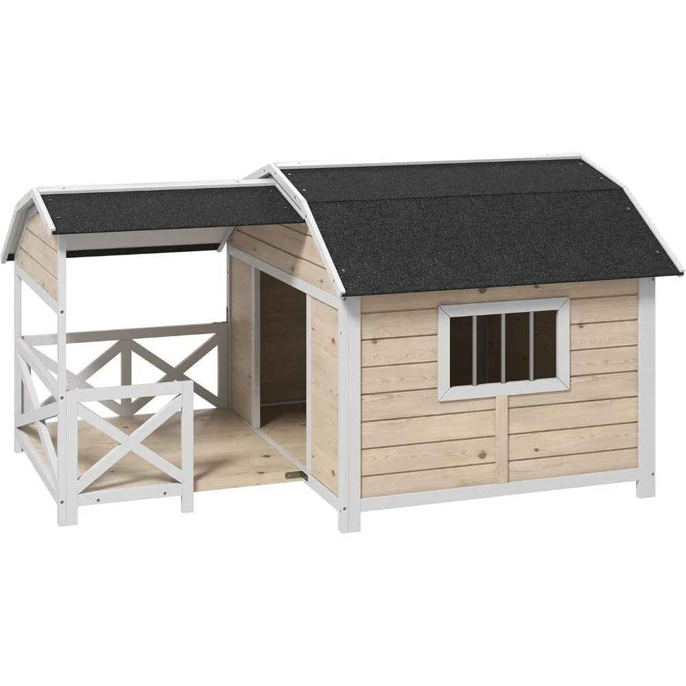 Wooden Dog House Outdoor with Porch, Raised Pet Kennel for Medium Large Dogs, with Asphalt Roof, Front Door, Side Windows
