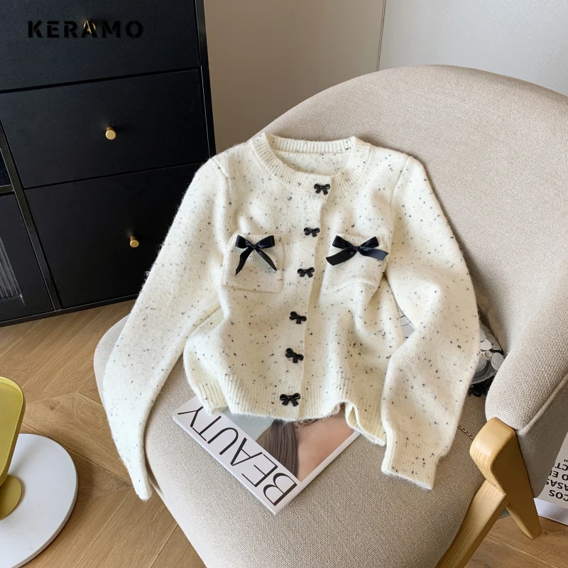 

2024 Spring Casual O-Neck Knitting Long Sleeve Bow Cardigans Women Vintage Sweet Dot Print Single Breasted Female Loose Sweater