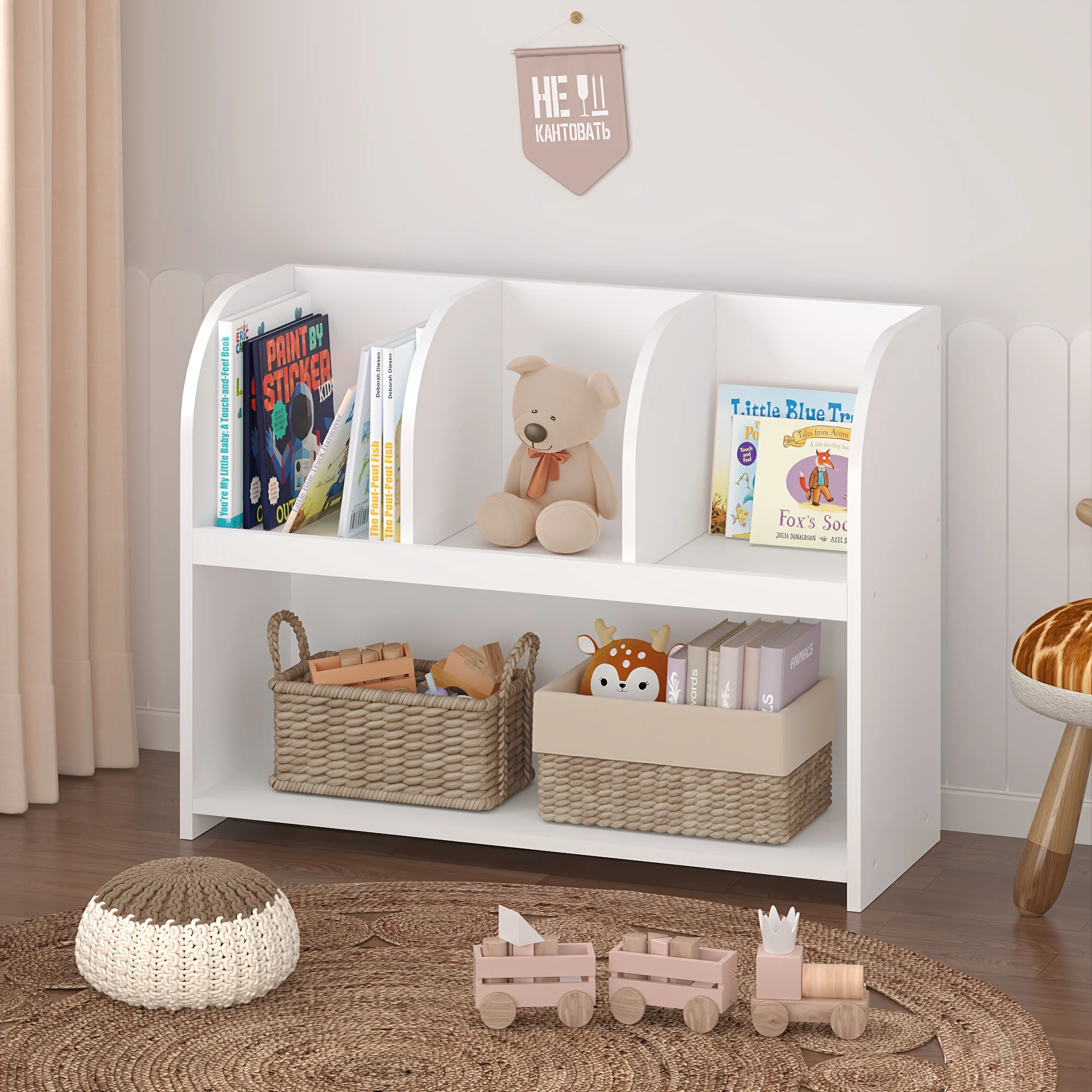 

1pc Wooden Bookcase With 4 Compartments, Storage Book Shelf & Toy Organizer For Playroom, Contemporary Display Rack With Smooth