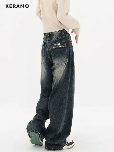 Harajuku Streetwear Retro Fashion Autumn Women High Waist Jeans Loose Wide Leg Straight Loose Denim Trousers Y2K Baggy Pants 1