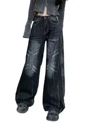 Vintage Washed Women's High Waist Ripped Wide Leg Jeans Distressed Baggy Denim Pants Loose Streetwear Black Trousers with Pocket