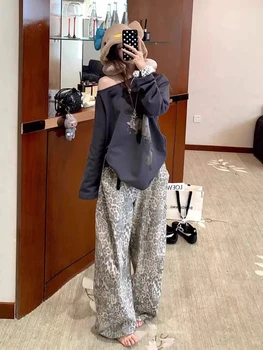 Y2k Jeans Women Jeans Korean Style Loose Fit Leopard Print Wide Leg Trousers High Waist Retro Fashion Casual Pants New Arrival 1