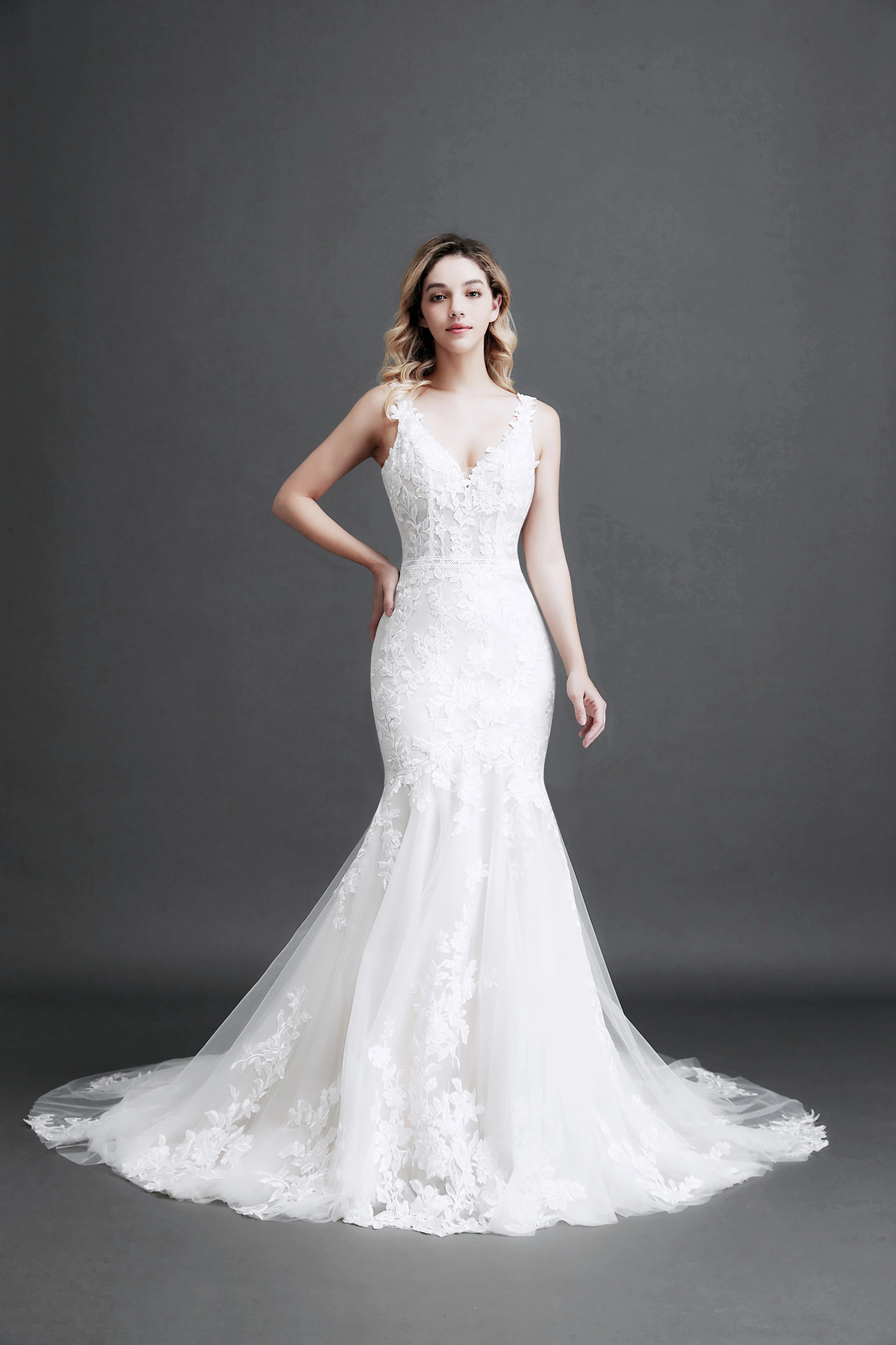 

Woman's Mermaid V-neck Sleeveless Backless Wedding Gown 3D Flowers Applique Charming Sexy Wedding Gown Party Prom Evening Dresse