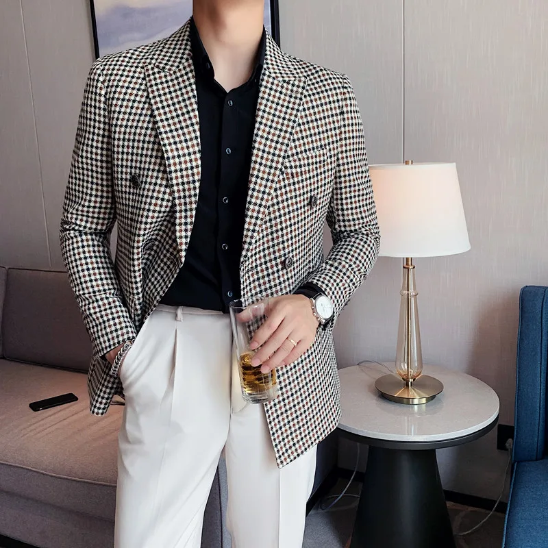 British Style Slim Fit Houndstooth Blazer For Men Fashion Double Breasted Business Office Wedding Dress Suit Jacket men suits jackets