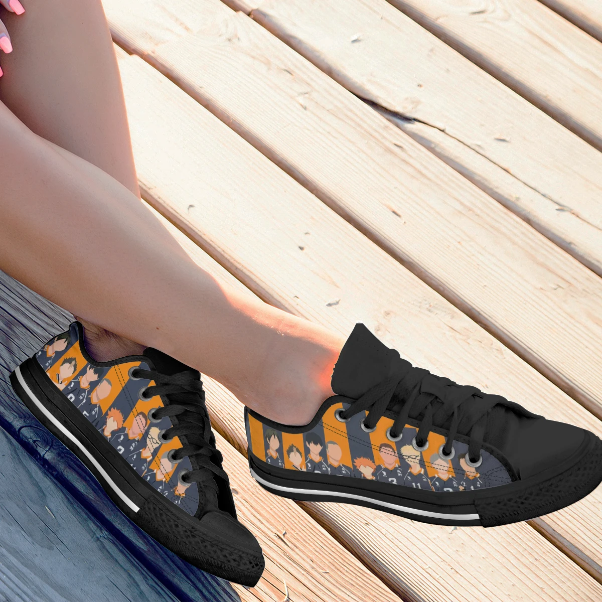 Haikyuu Japanese Anime Wonmen Black Canvas Vulcanized Shoes Casual Sneakers Lace Up Low Style Sneakers Baskets Femme