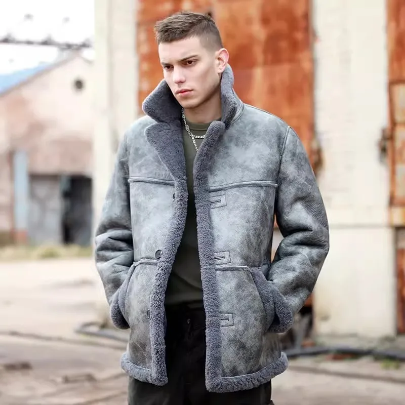 Winter Thick Warm Mens Real Fur Pilot Jacket Original Eco Middle Long Street Motorcycle Overcoat Genuine Leather Shearling Coat