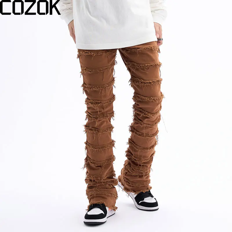 

Men's Jeans Striped Tassel Frayed Straight Baggy Jeans High Street Style Casual 2023 Solid Color New Fashion Vintage Trousers