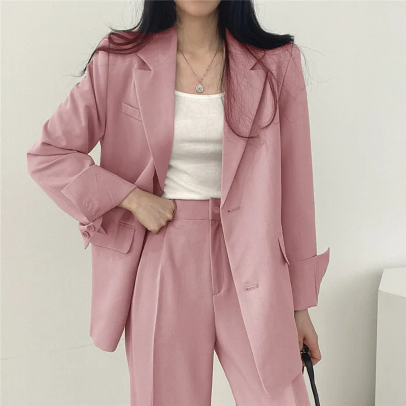 

2023 Women Office White Pink Suit Two-Piece Pant Suits Elegant Blazer Female Set Casual Loose Pants Jacket Work Clothes Coat