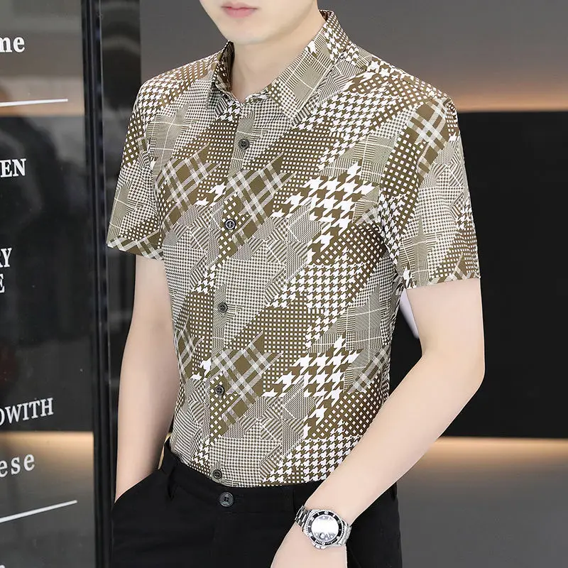 Business Casual Men Shirts Summer New Lapel Ice Silk Wave Printing Button Streetwear Fashion Office Social Short Sleeve Tops 5