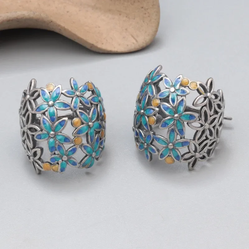 Vintage 925 Sterling Silver Enamel earrings For Women Girls Ethnic Hollow Flower Cluster Hanging Original Jewelry EH184