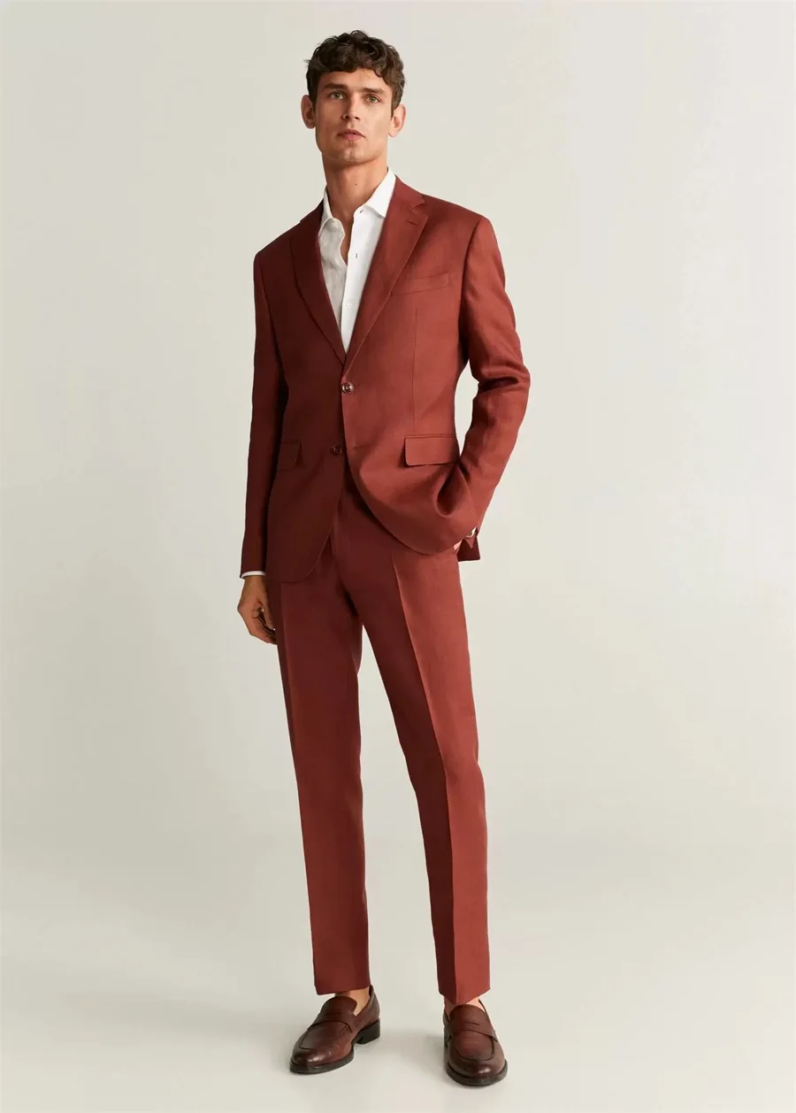 

Red Men Suit Custom Made 2 Pieces Blazer Pants Single Breasted Slim Fit Wedding Groom Business Causal Prom Evening Dress