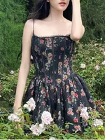 2023 Sexy Women Black Flower Print Spliced Mesh Bra Corset style Mini Dress Slim Waist Party Skater Bow Lacing up Sling Robe - Image 4