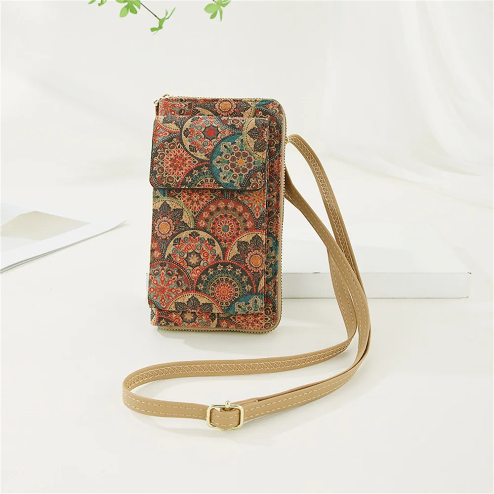 Flower Print Purse Spacious Cork Print Handbag Women'S Mobile Phone Bag Versatile Crossbody Bag For School Everyday Use Outdoor