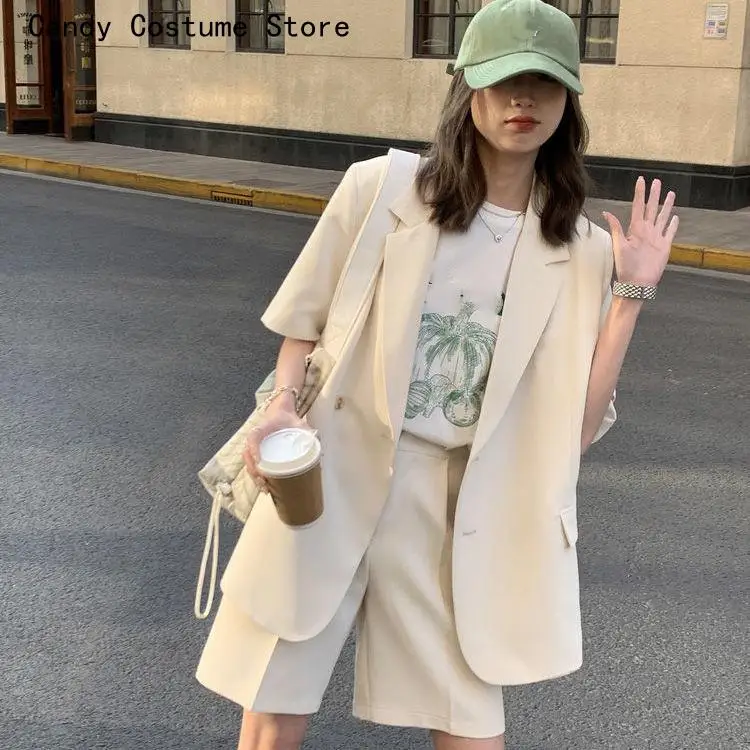 2 Piece Women Casual Office Ladies Suits Korean Loose Short Set With Blazer Summer Thin Short-sleeved Blazers + Shorts