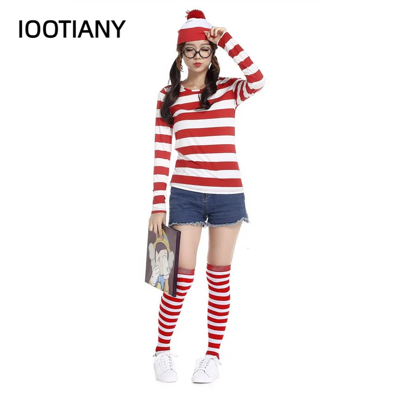 S-XXL Parent-Child Cartoon Where is Wally Waldo Costume Waldo Book Week Cosplay Outfit Stripe Shirt Hat Glasses Kit cosplay costume