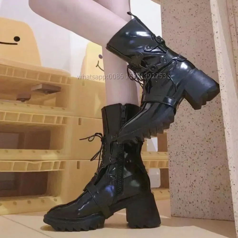 

Cross Tied Belt Buckle Booty Punk Retro Zip Motorcycle Boots 2023 Autumn Round Toe Height Increasing Patchwork Solid Ankle Boots