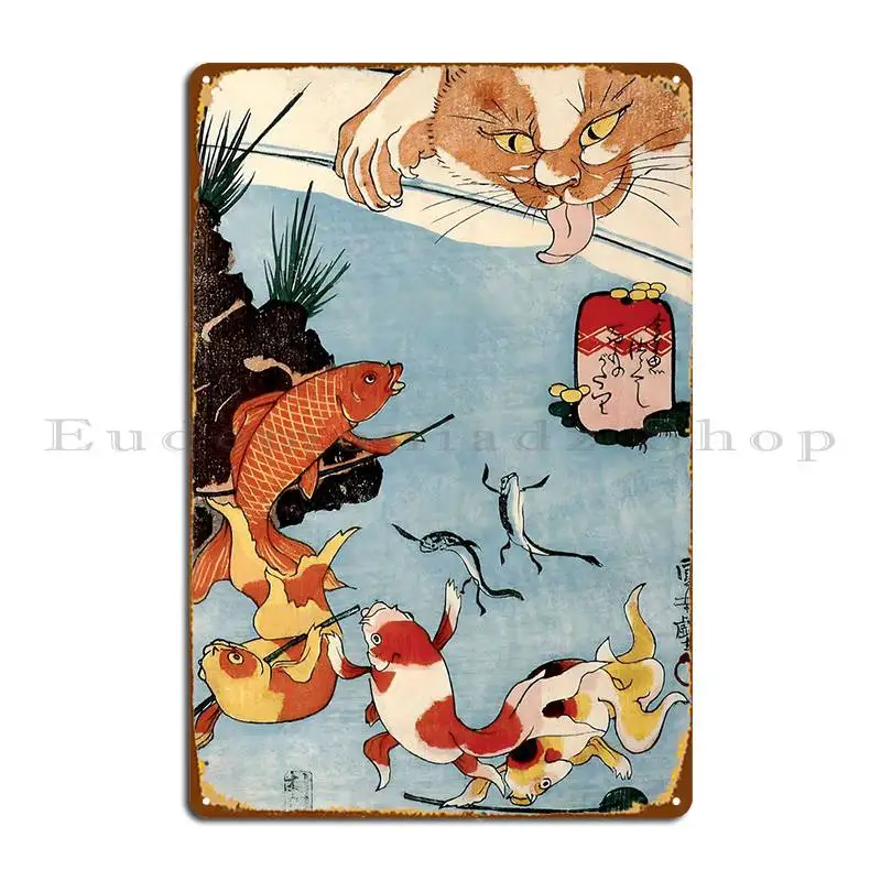 Ukiyo E Koi Pond And Cat Metal Signs Wall Decor Pub Custom Crea Cinema Tin Sign Poster