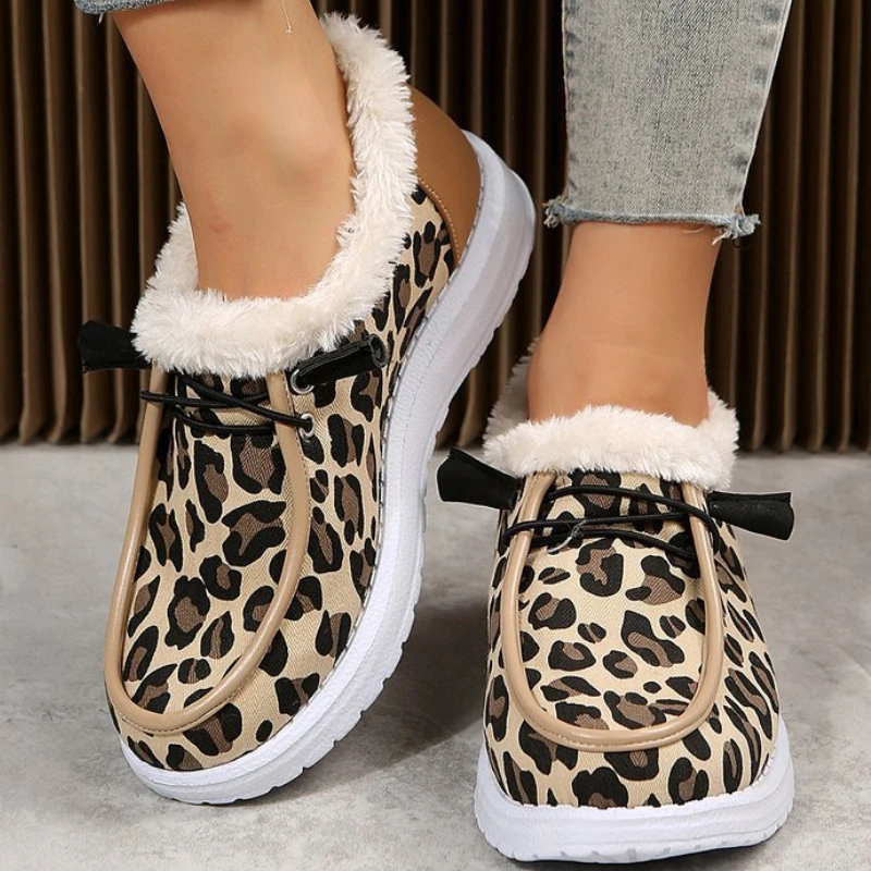 Leopard Print Cotton Shoes Women's Winter Flat Bottom Round Toe Snow Boots Lightweight Large Size Shoes Botas De Invierno Mujer