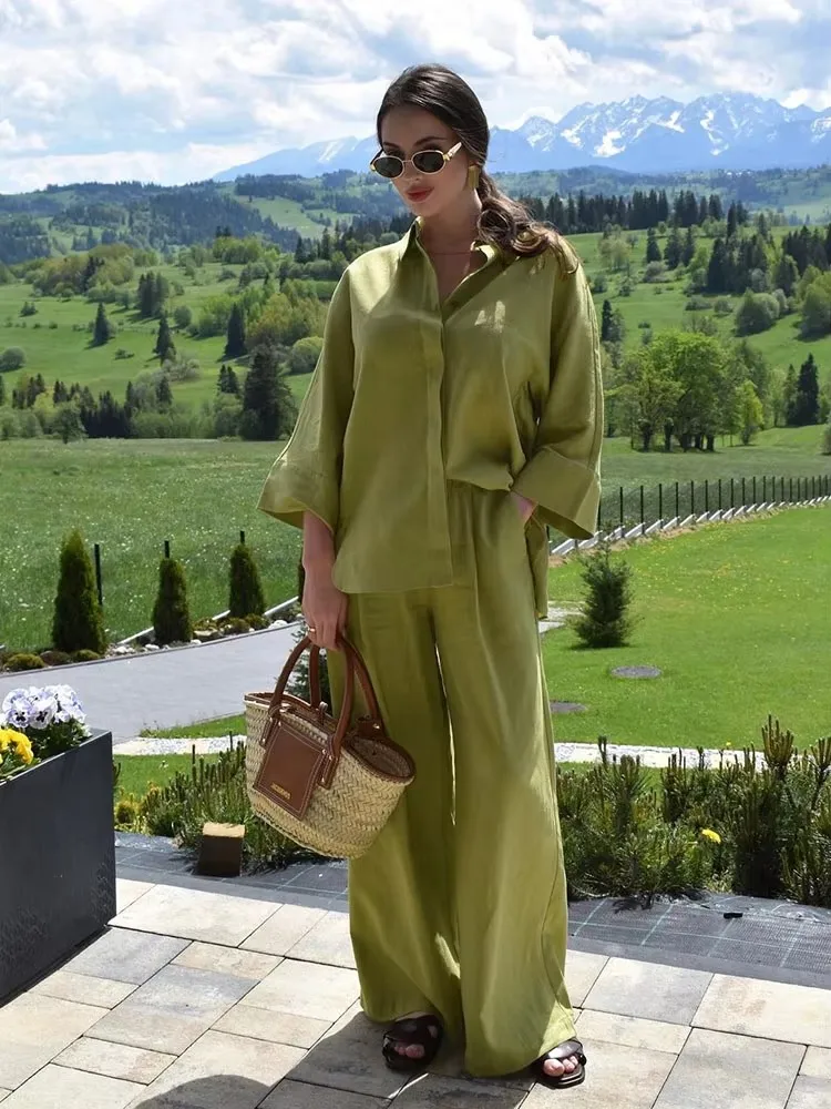 HH Women Fashion Blouse Pant Suit Single Breasted Long Sleeve Lapel Shirts Elastic Waist Trousers Solid High Street Outfit