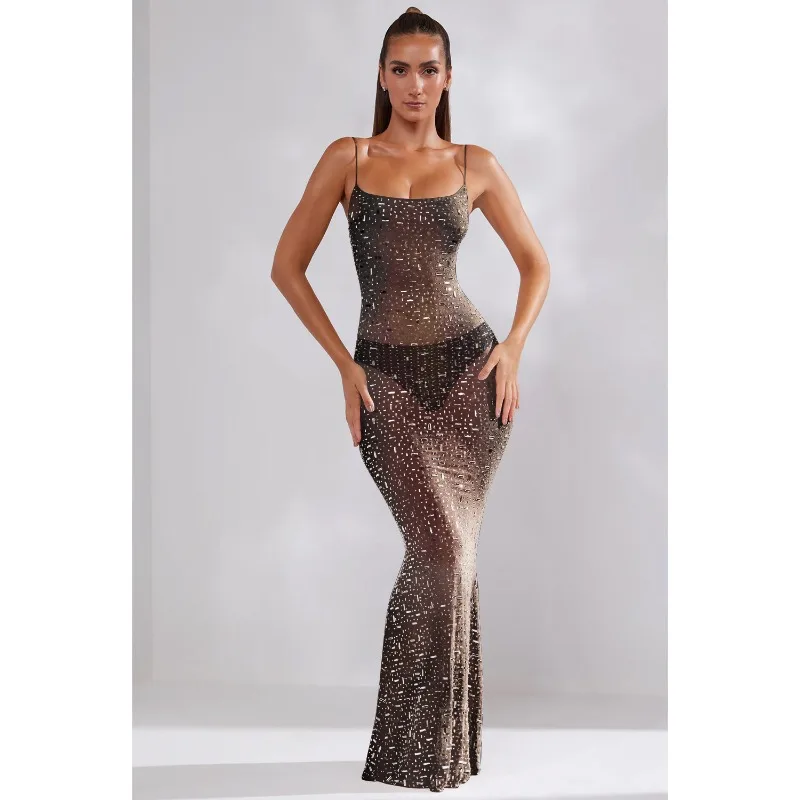 

WUHE Women Diamonds Mesh See Though with Panties Bodycon Midi Maxi Dress 2023 Hot Rhinestones Vestidos Sexy Party Dresses