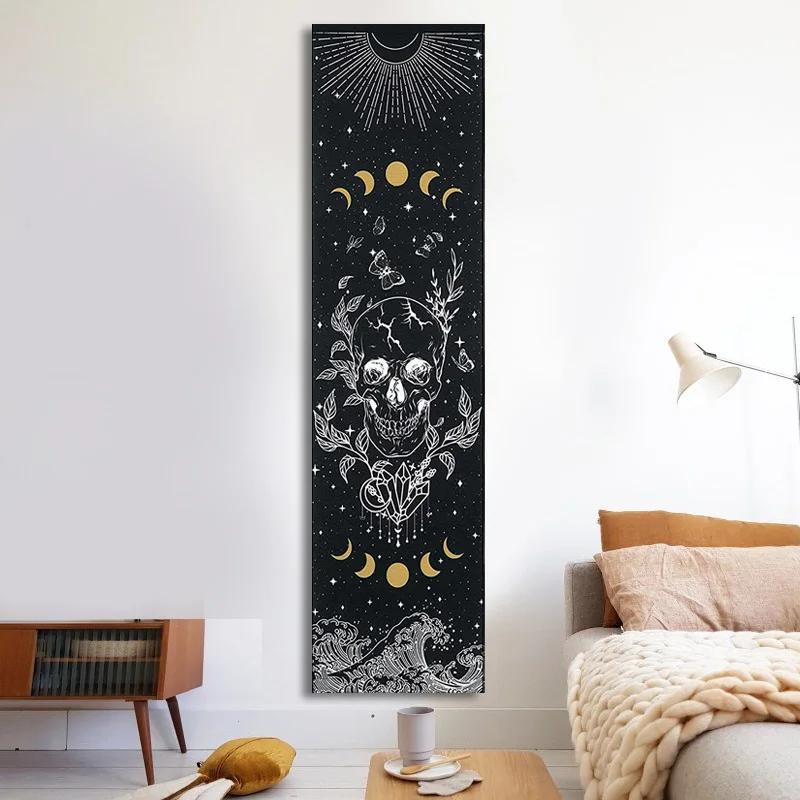 Teschio Arazzo Fasi Lunari Arazzo Stella Starry Wall Hanging Scheletro Nero Stregoneria Hippie Farfalla Arazzo Room Decor