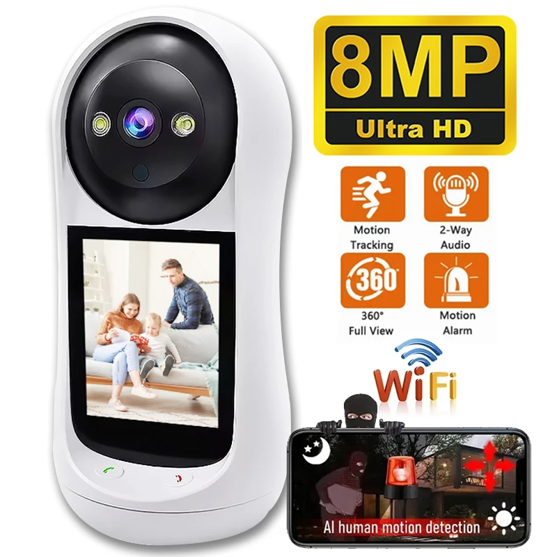 Security Camera 8MP PTZ Wifi 2.8 Inch IPS Screen Baby Cry Sound Detection Wireless IP Baby Monitor V380