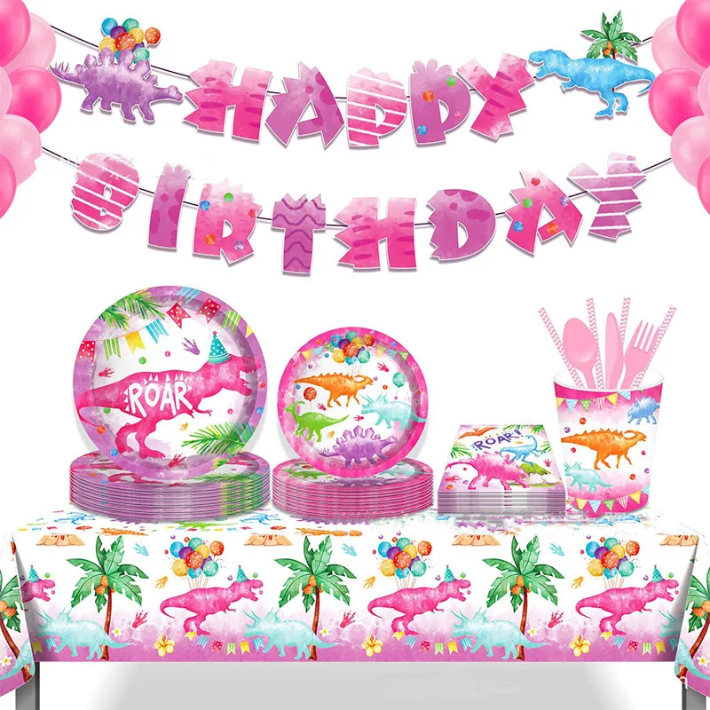 

Pink dinosaur disposable party birthday cutlery Dinosaur plate cup napkin tablecloth Party supplies