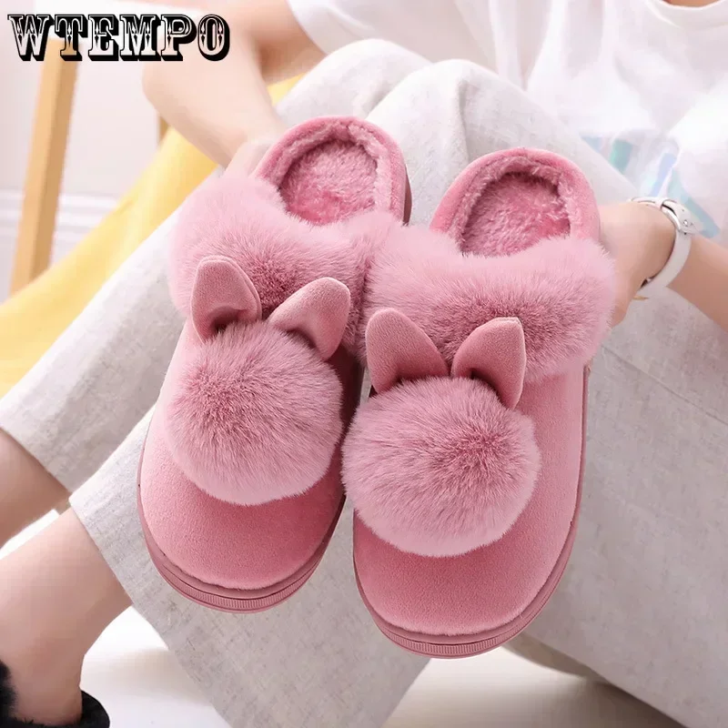 WTEMPO Female Furry Plush Slippers Home Indoor Ladies Soft Shoes Fluffy House Shoes Women Winter Warm Slippers Cute Rabbit Ears