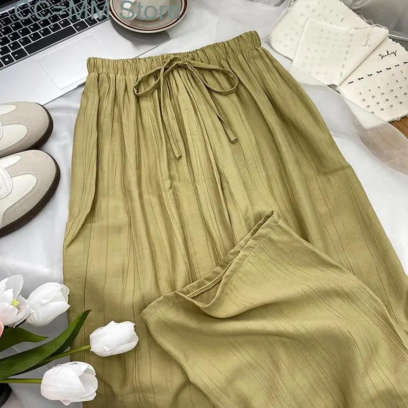 New High Waisted Pants for Women Solid Korean Fashion Drawstring Wide Leg Pants Ladies Casual Full Length Pants
