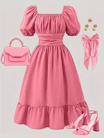 Robe bouffante grande taille pour femmes, décontractée, mignonne, élégante, épaules dénudées, manches lanternes, nœud, couleur unie, printemps et été 1