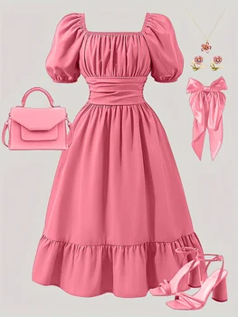 Spring And Summer Women's Plus-Size Casual Cute Elegant Off-Shoulder Lantern Sleeve Bow Solid Color Puff Dress