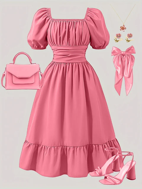 Robe bouffante grande taille pour femmes, décontractée, mignonne, élégante, épaules dénudées, manches lanternes, nœud, couleur unie, printemps et été 1
