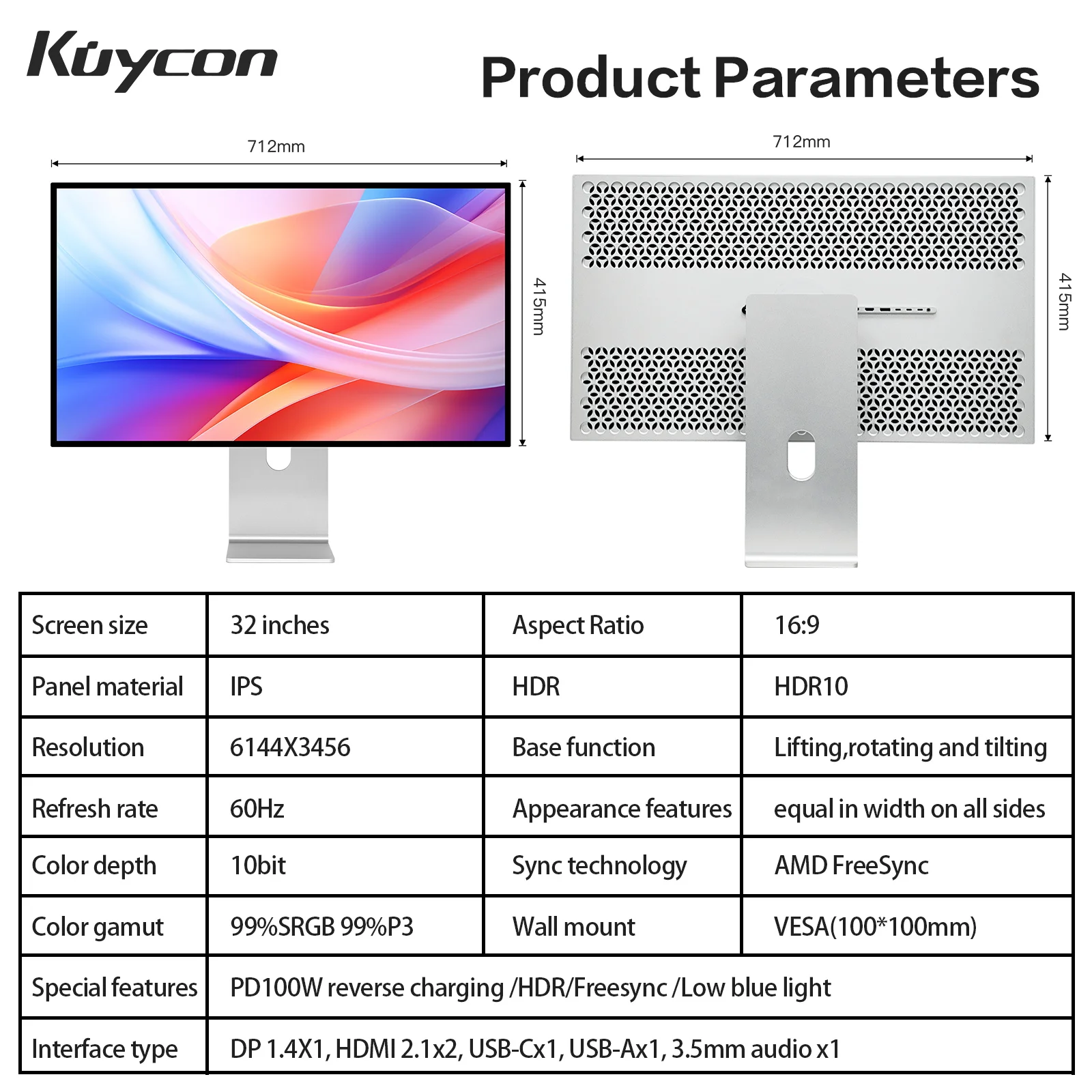 쿠이콘 32인치 G32P 컴퓨터 모니터 6K UHD 알루미늄 합금 바디 PC 디스플레이 고주사율 광택 스크린 디자인 사진 촬영용