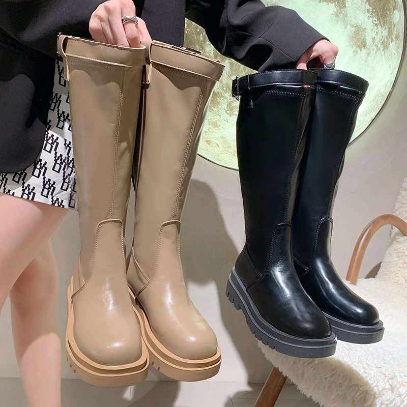 Black Metal Buckle Flat Knee-High Boots Woman Winter 2023 Slip-On