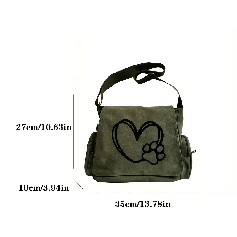 Heart & Paw Print Spacious Tote Purse Women's Large Capacity Crossbody Bag Vintage Canvas Book Bag For Student