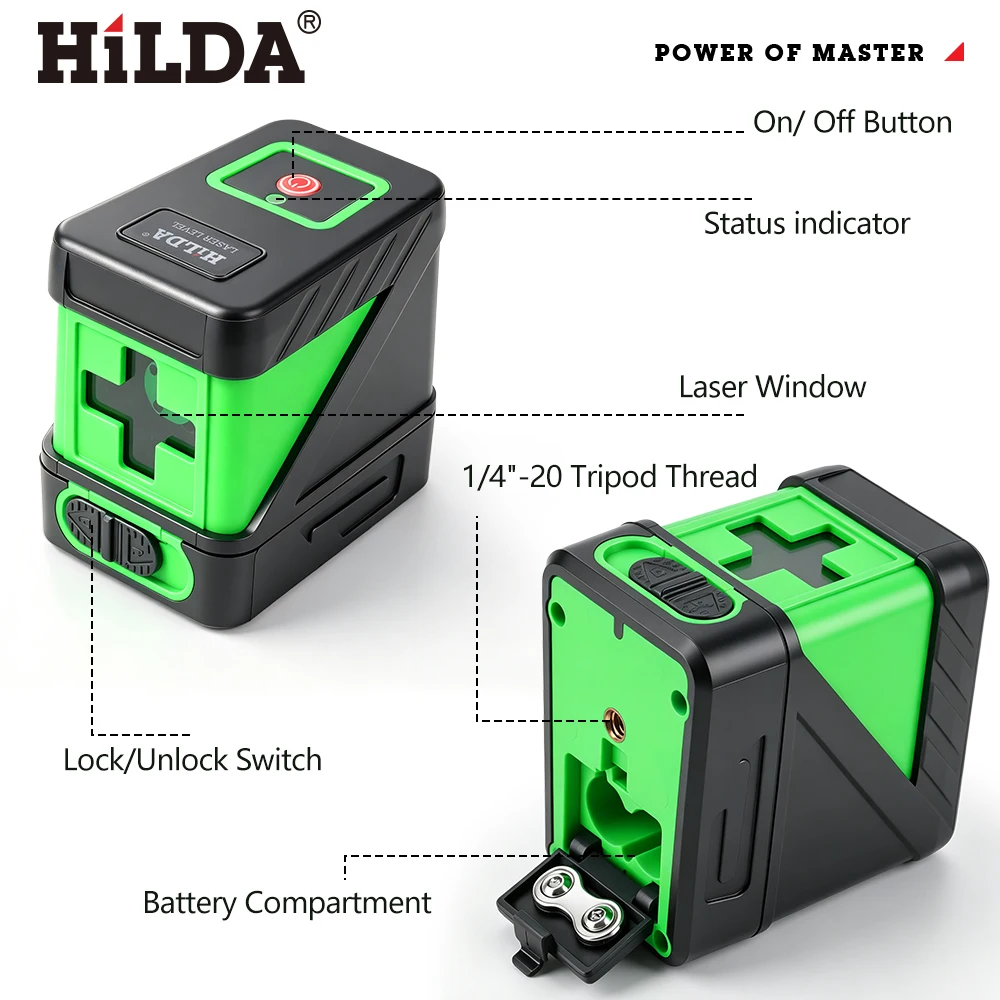 HILDA Self-Leveling Green Beam Laser Level - Compact Horizontal & Vertical Cross Line Tool