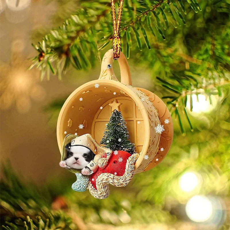thumbnail image 1 of Adornos para árbol de Navidad, acrílico 2D, lindo perro durmiendo en una taza, colgantes, adornos para el hogar, Navidad, Año Nuevo, suministros para fiestas, 1 of 5