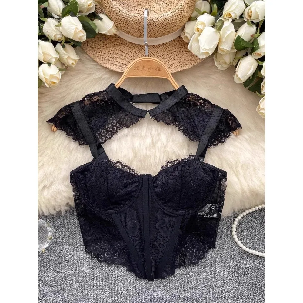 Tanks Camis Sexy Top Lace See-Through Feather Crop Top Women Solid Camis Tops With Built In Bra Push Up Bustier Bralette