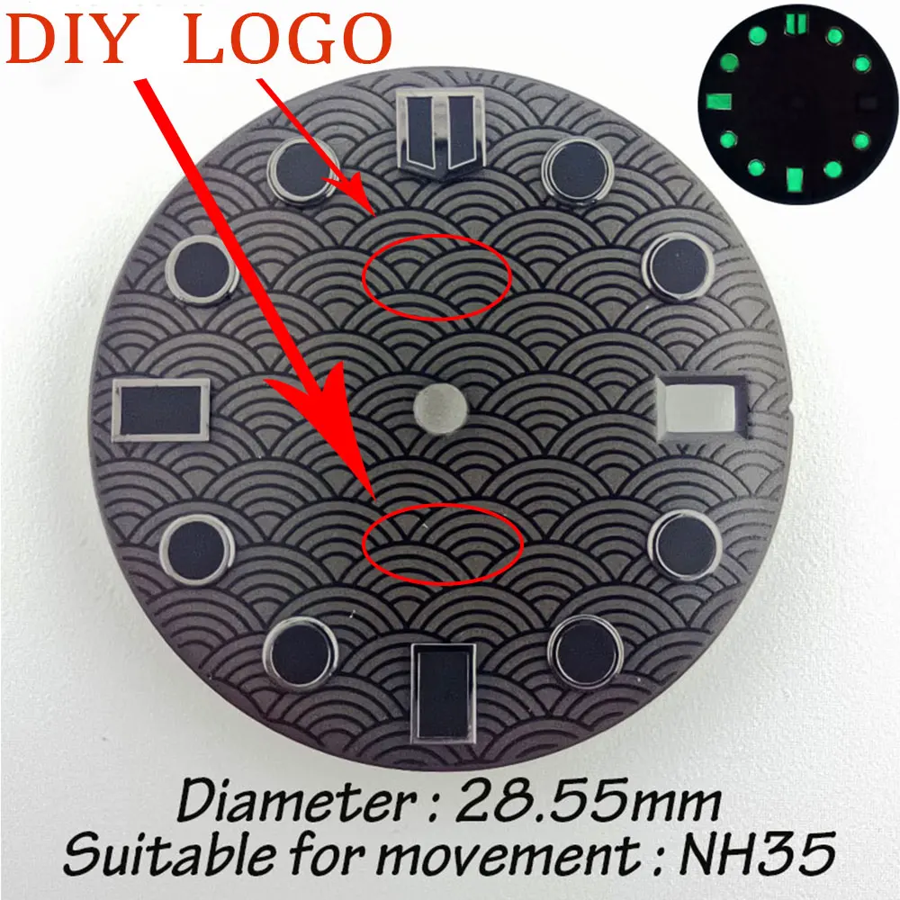 28.55mm fishscale watch dial c3 Super Green luminous for NH series 35 movement assembly blue black single calendar watch parts