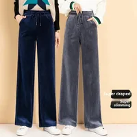 High Waist Velvet Wide Leg Pants Women's Autumn Winter Loose Fit Casual Floor Length Corduroy Trousers plus Size Straight Cut